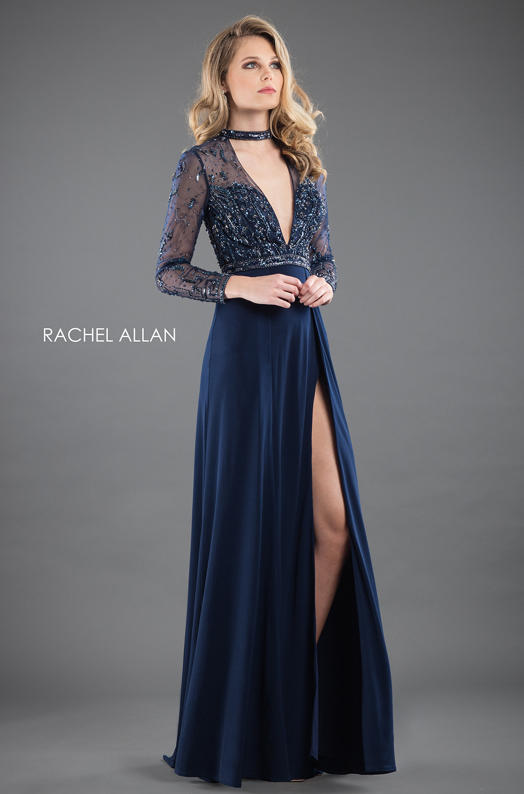 V-Neck Fitted Long Couture Dresses in NAVY Color