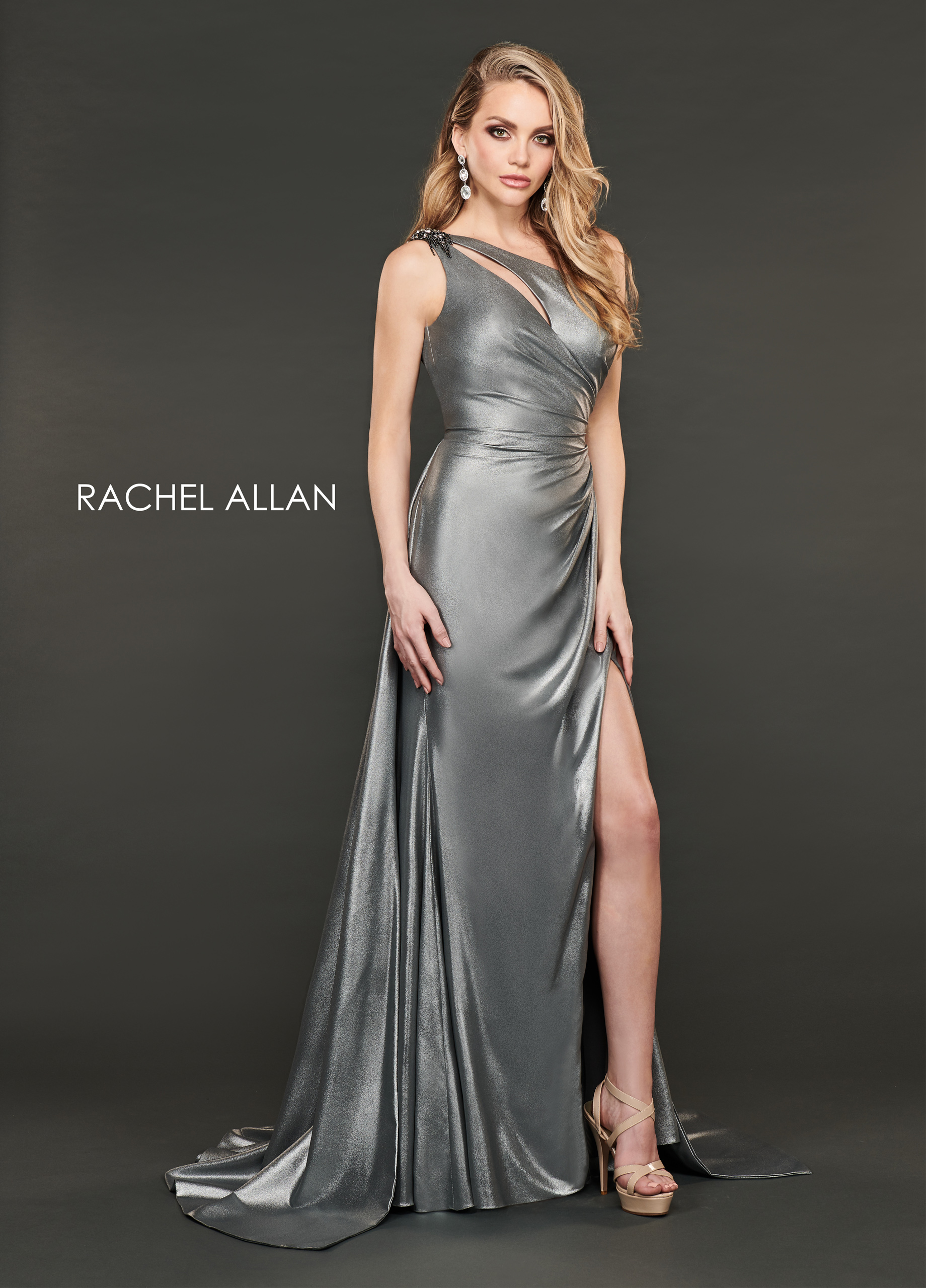 One Shoulder A-Line Couture Dresses in GUNMETAL Color