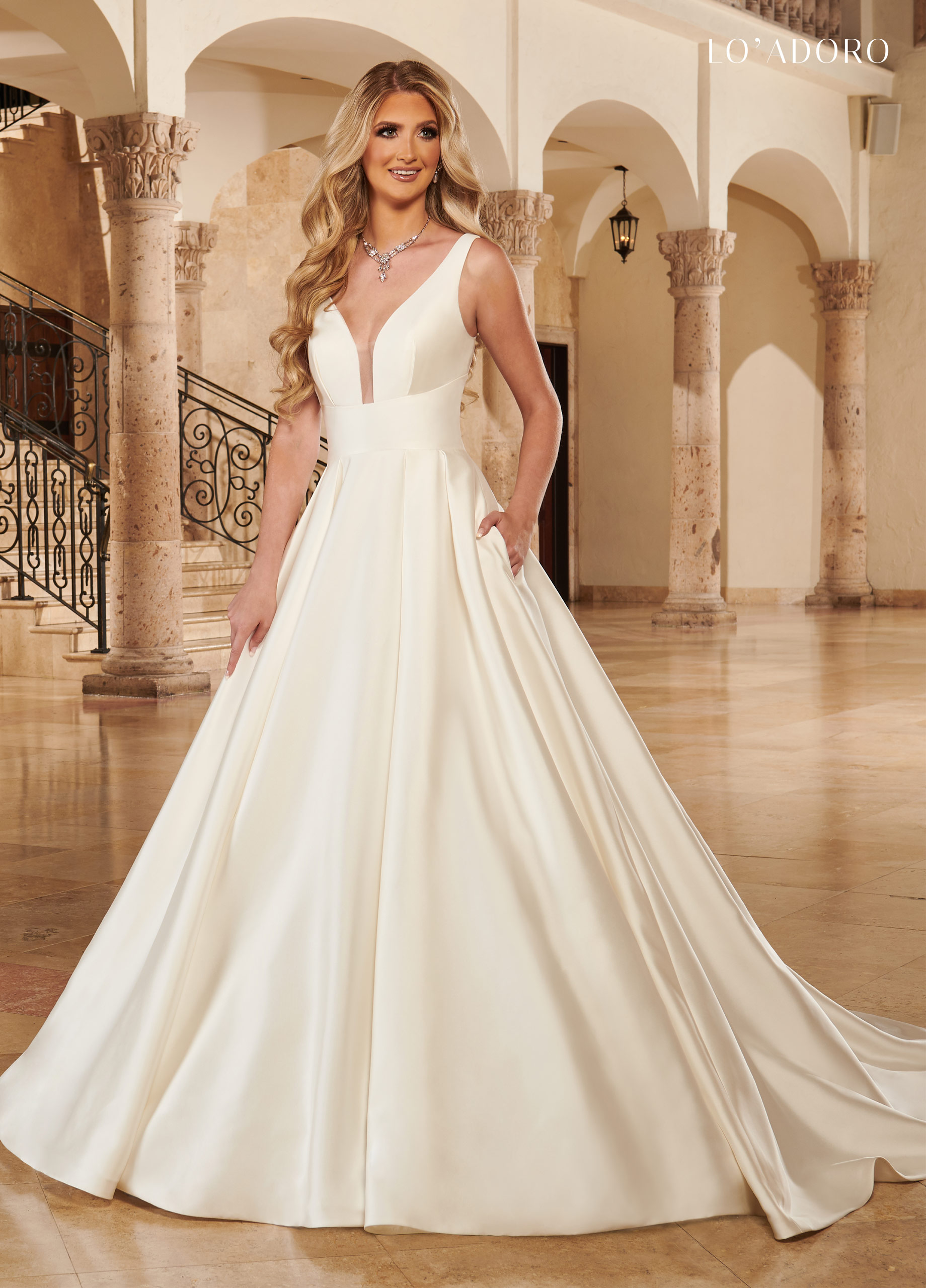 V-Neck Ball Gowns Lo' Adoro Bridal in Ivory,White Color