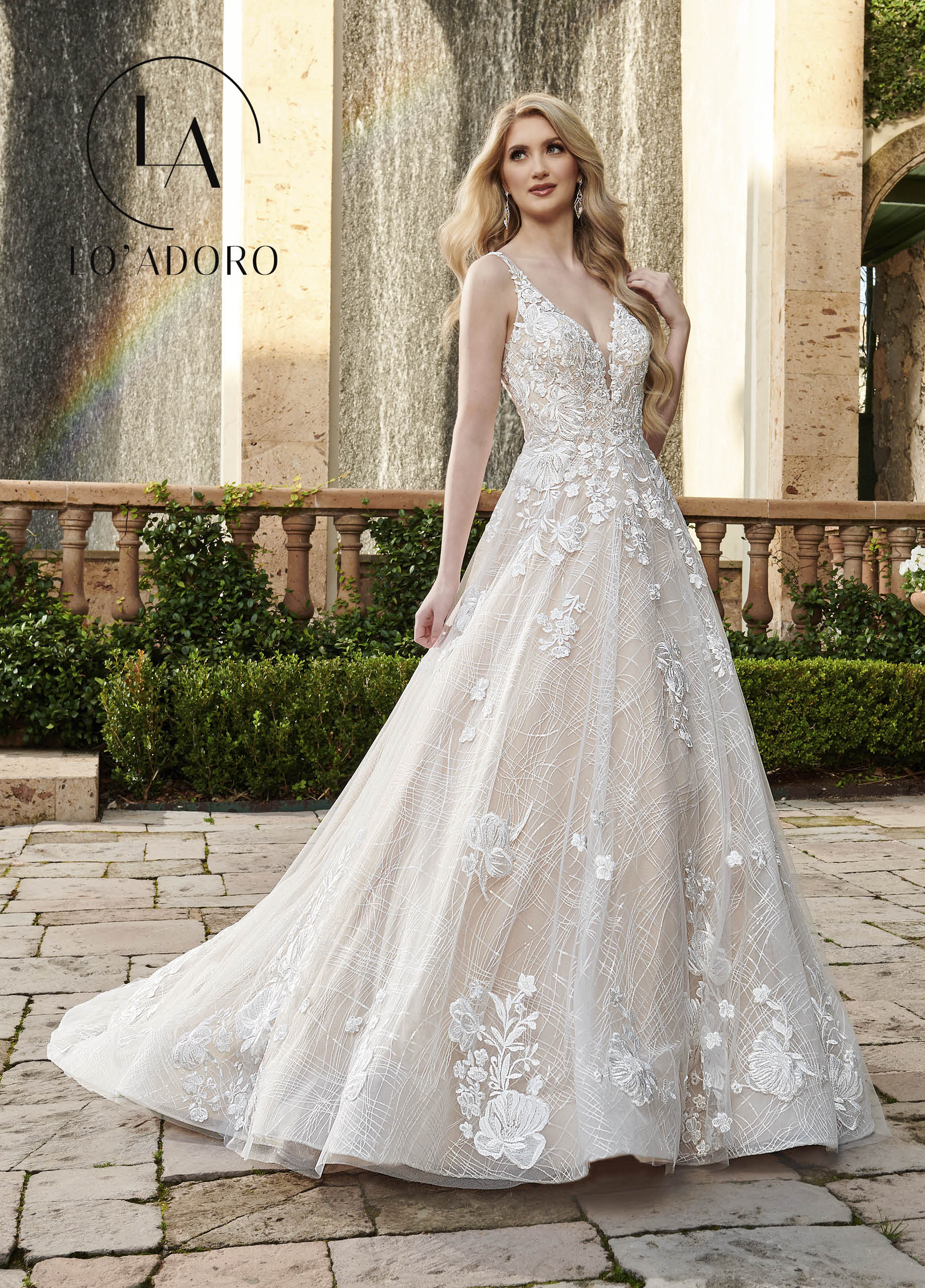 V-Neck A-Line Lo' Adoro Bridal in IVORY NUDE Color