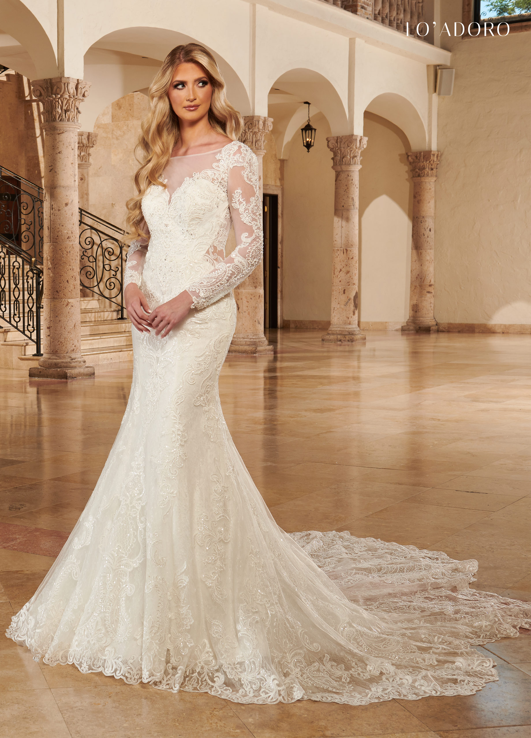 High Neckline Fit & Flare Lo' Adoro Bridal in Ivory,White Color
