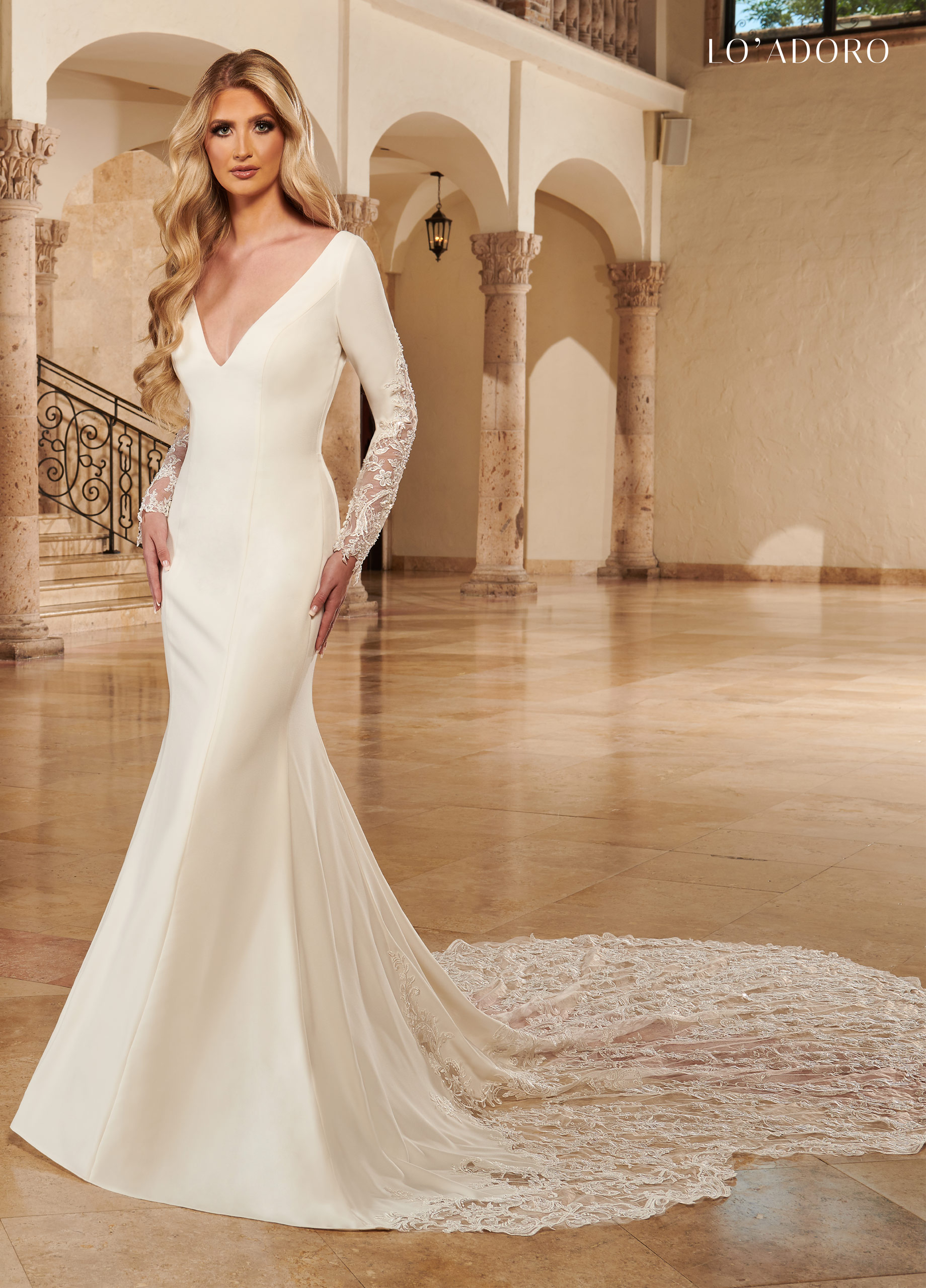 V-Neck Fitted Long Lo' Adoro Bridal in Ivory,White Color