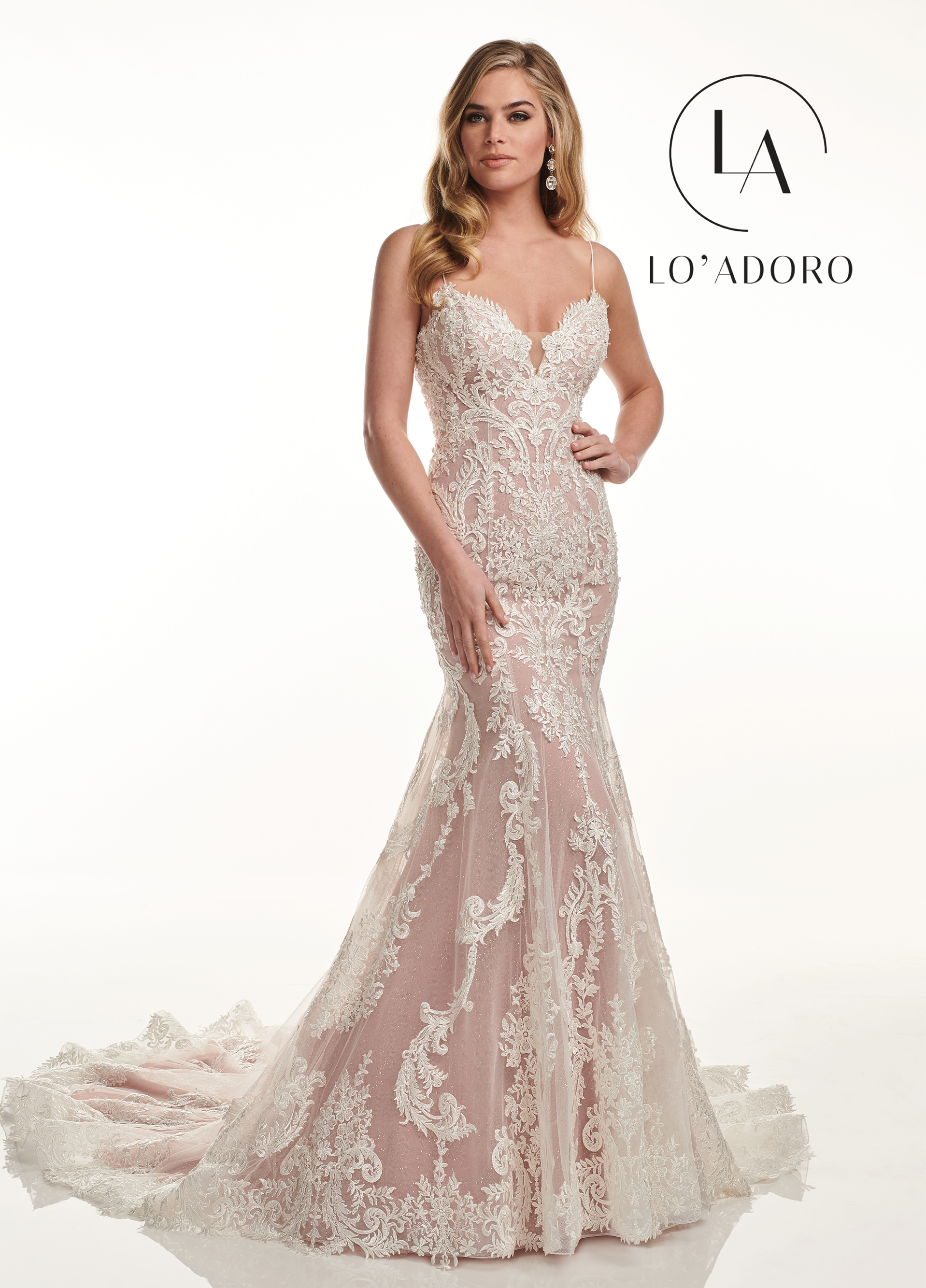V-Neck Fit & Flare Lo' Adoro Bridal in IVORY DEEP ROSE Color