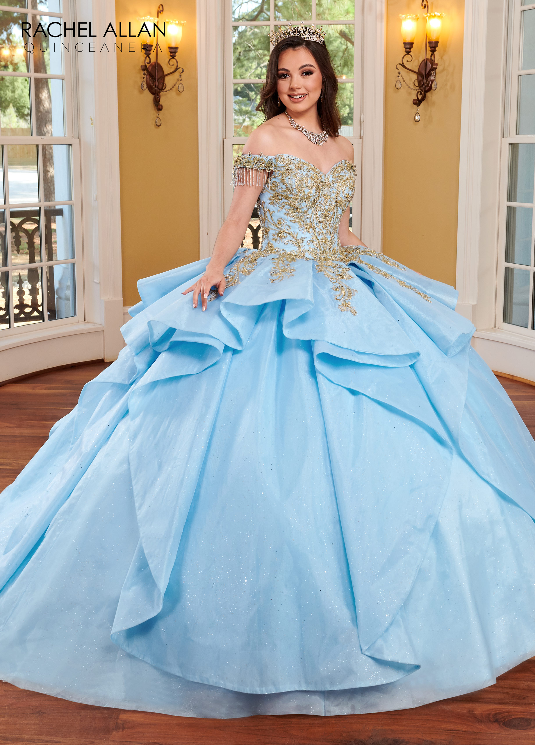 Off The Shoulder Ball Gowns Carmina in LIGHT BLUE GOLD Color