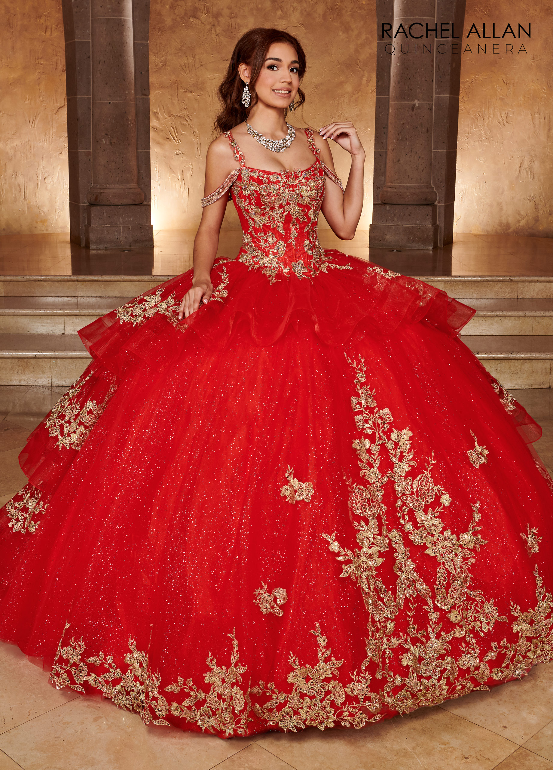 Scoop Neck Ball Gowns La Reina in RED GOLD Color