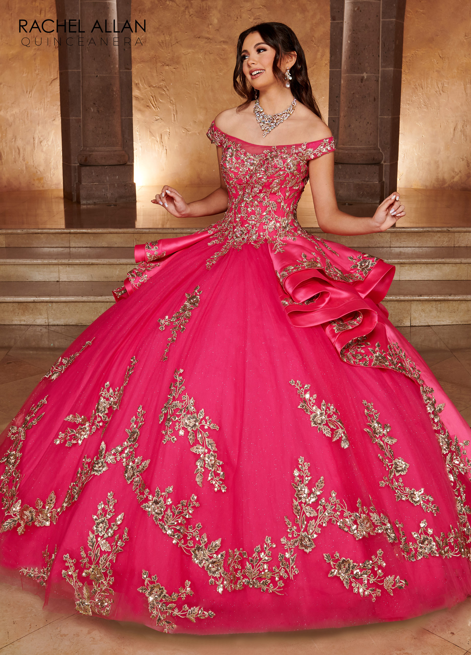 Off The Shoulder Ball Gowns La Reina in FUCHSIA GOLD Color