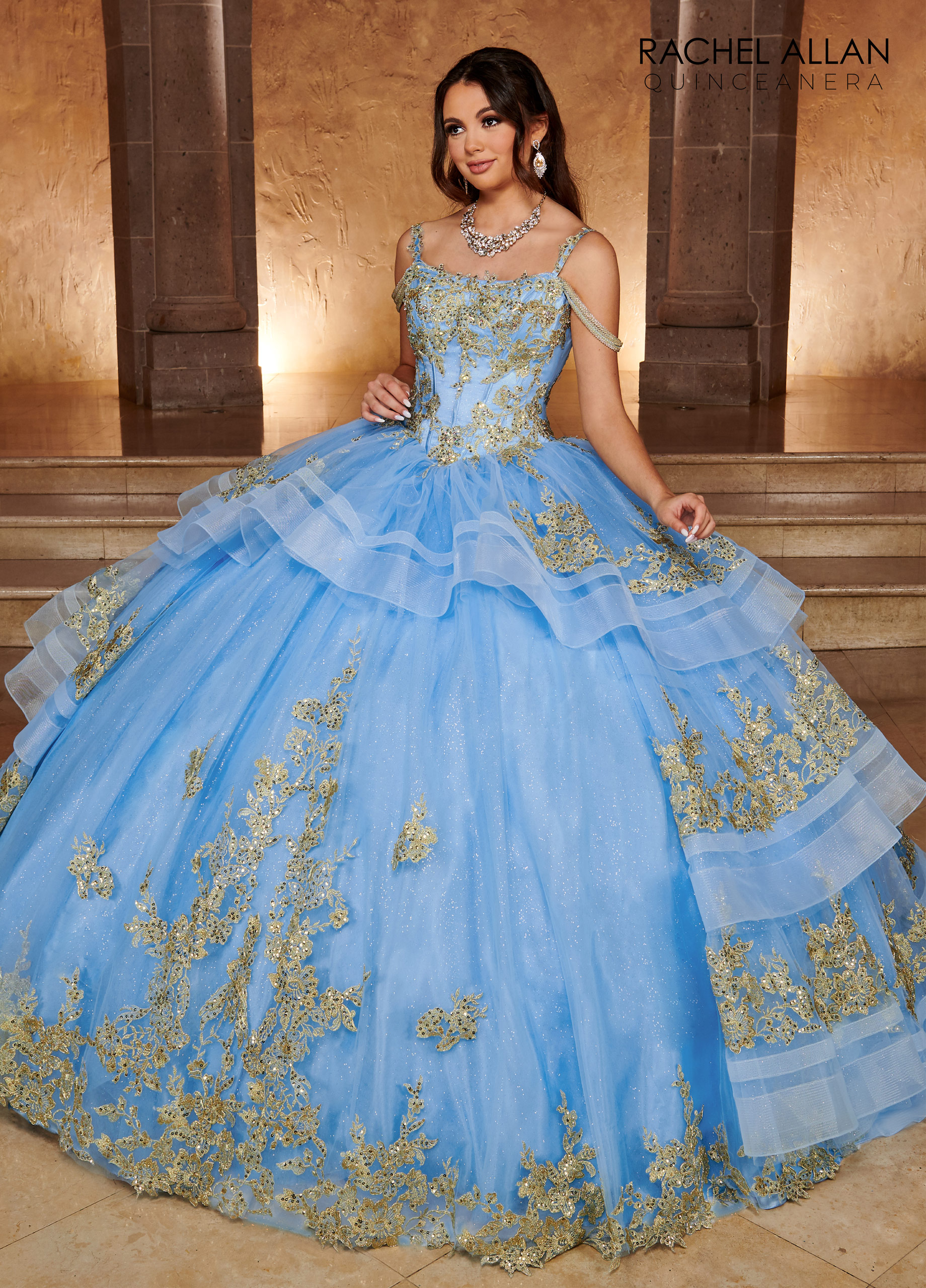 Scoop Neck Ball Gowns La Reina in AZURE GOLD Color