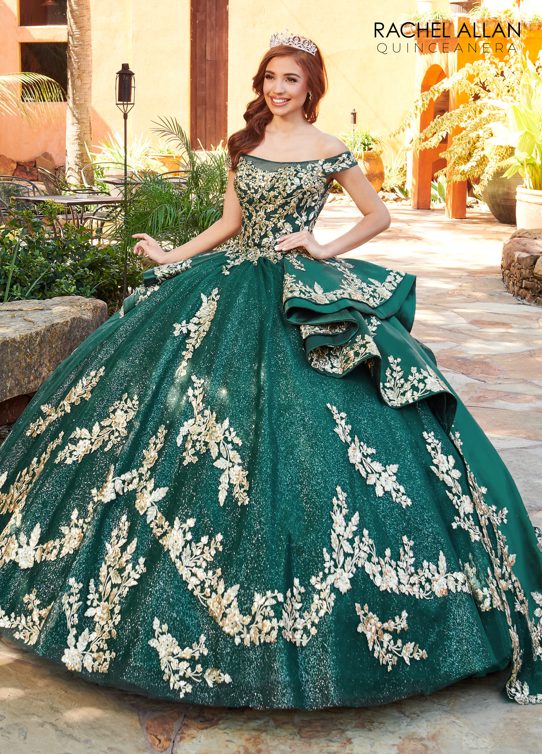 Off The Shoulder Ball Gowns La Reina in EMERALD GOLD Color