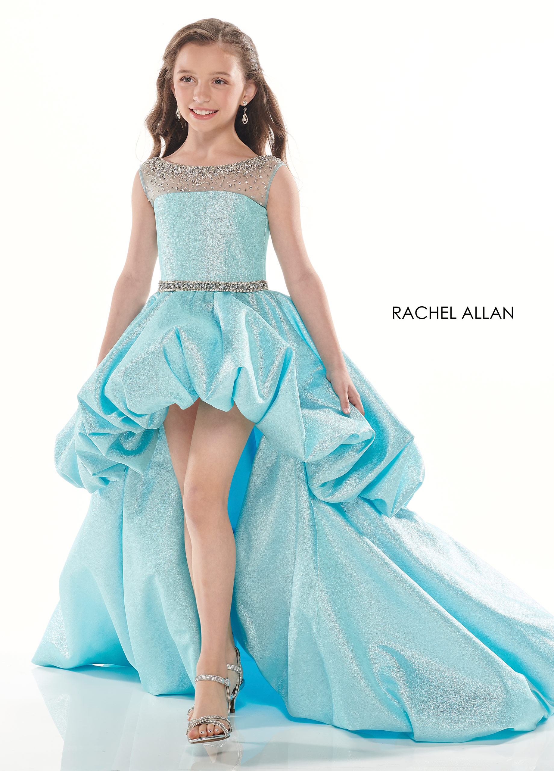 Beaded Hi Low Little Girl Pageant in AQUA Color