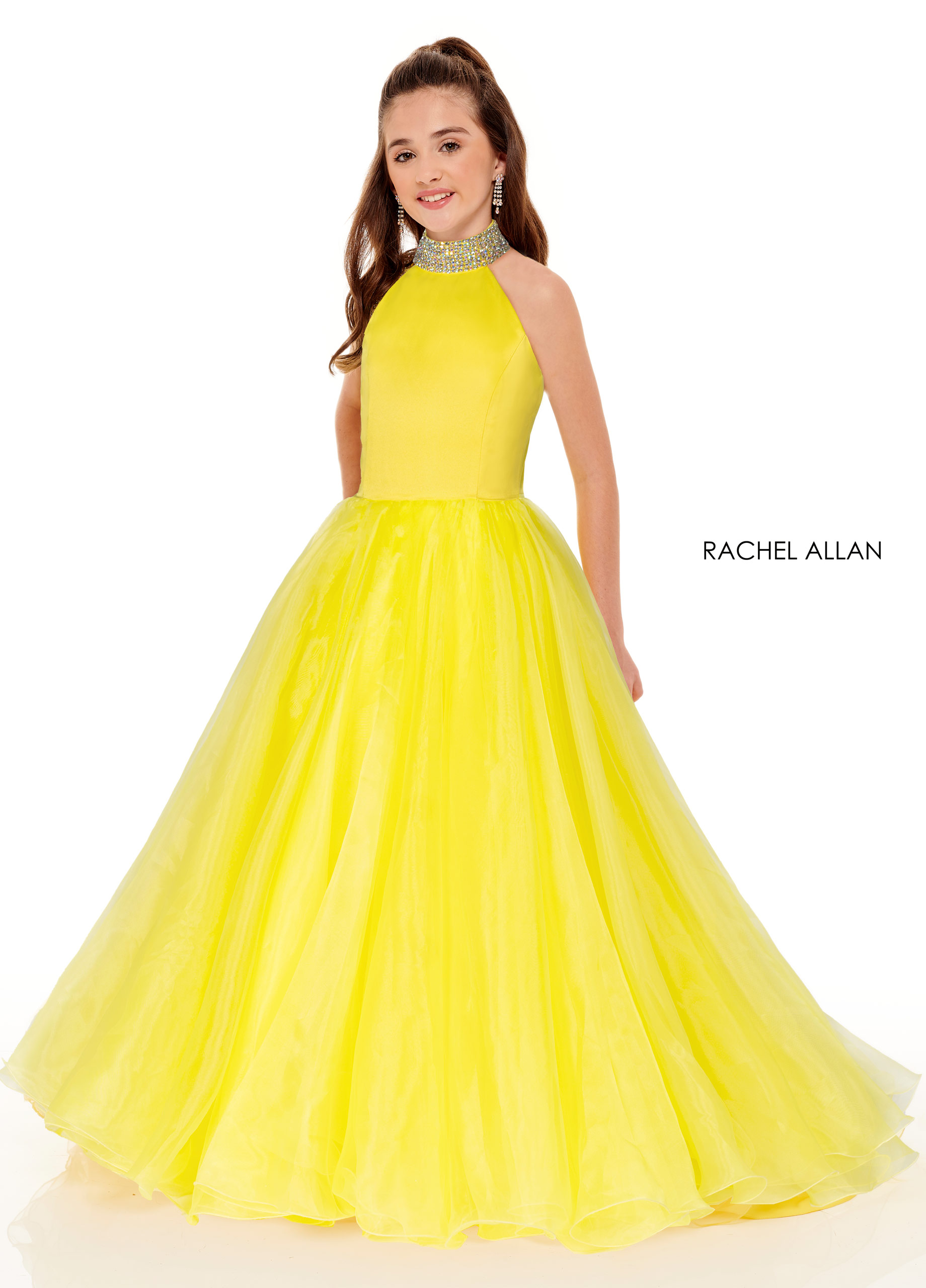 High Neckline A-Line Little Girl Pageant in YELLOW Color