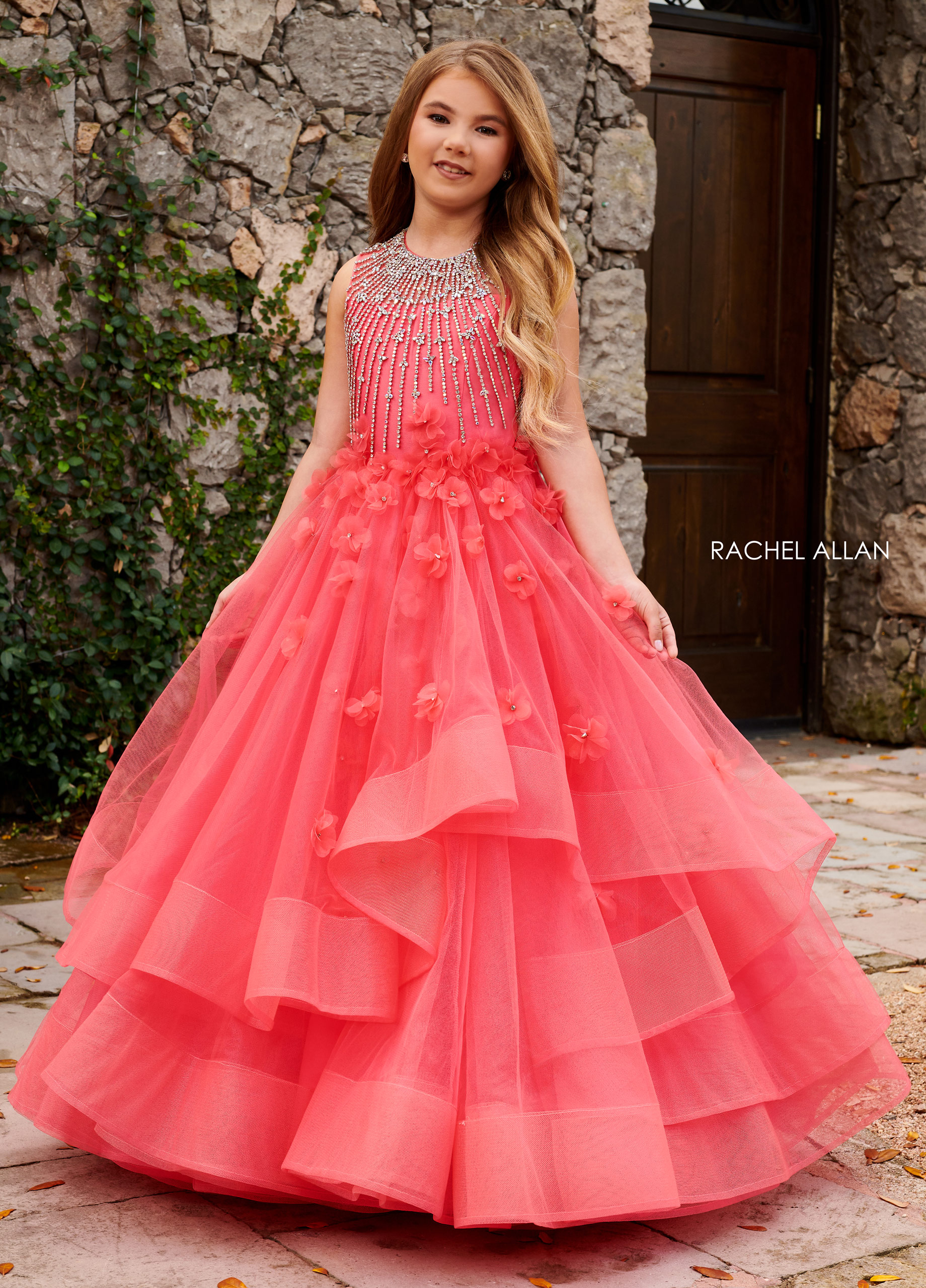 High Neckline Ball Gowns Little Girl Pageant in WATERMELON Color