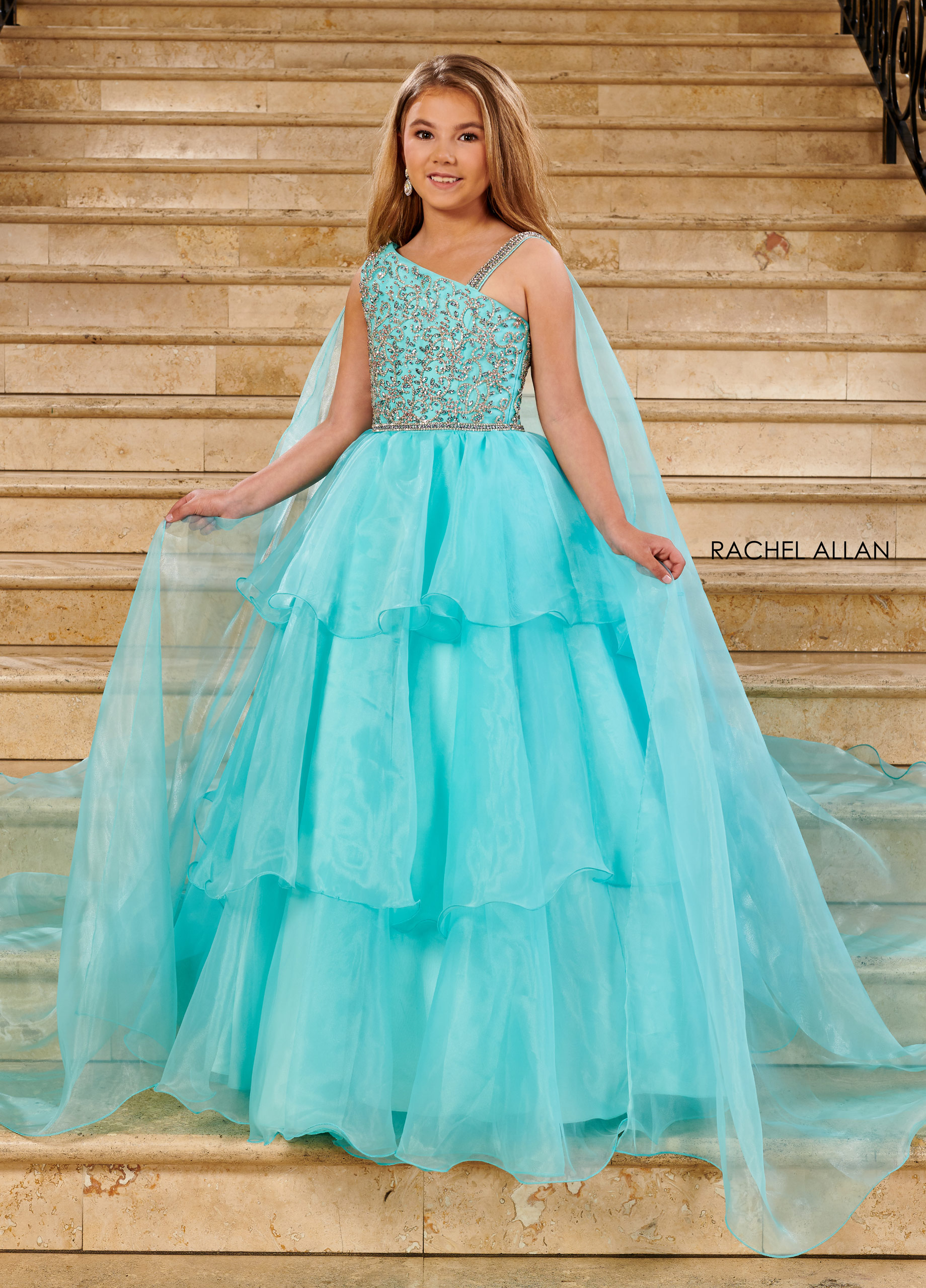 Asymmetric Ball Gowns Little Girl Pageant in AQUA MULTI Color