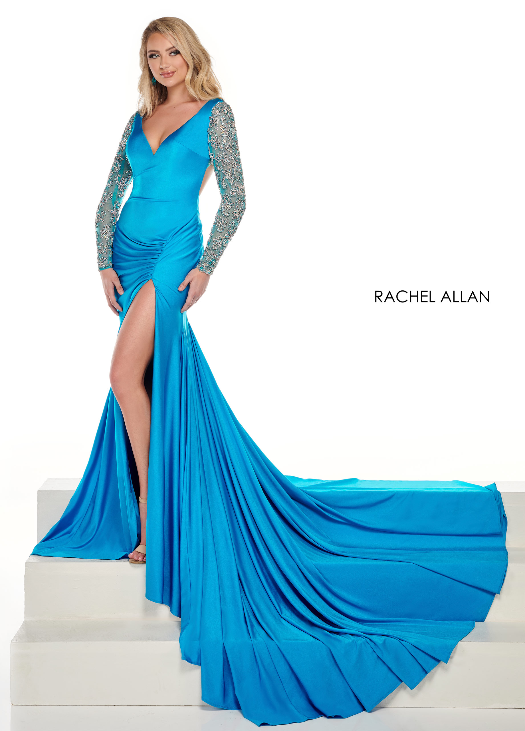 V-Neck Fitted Long Pageant in OCEAN BLUE SILVER Color