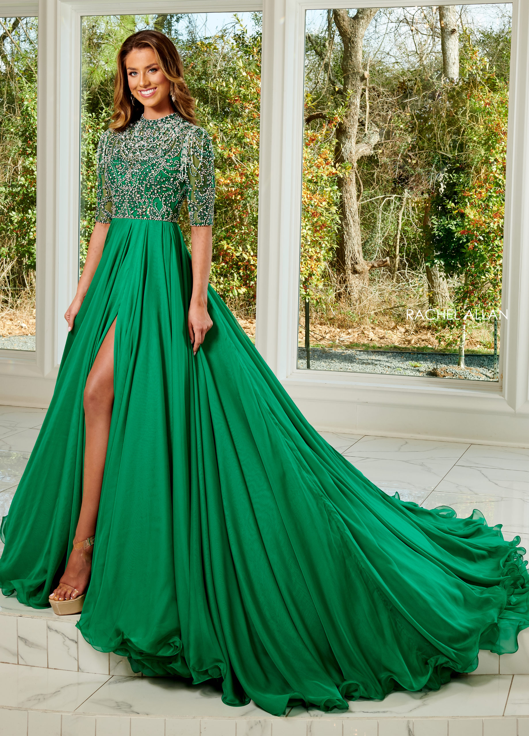High Neckline Ball Gowns Pageant in EMERALD Color
