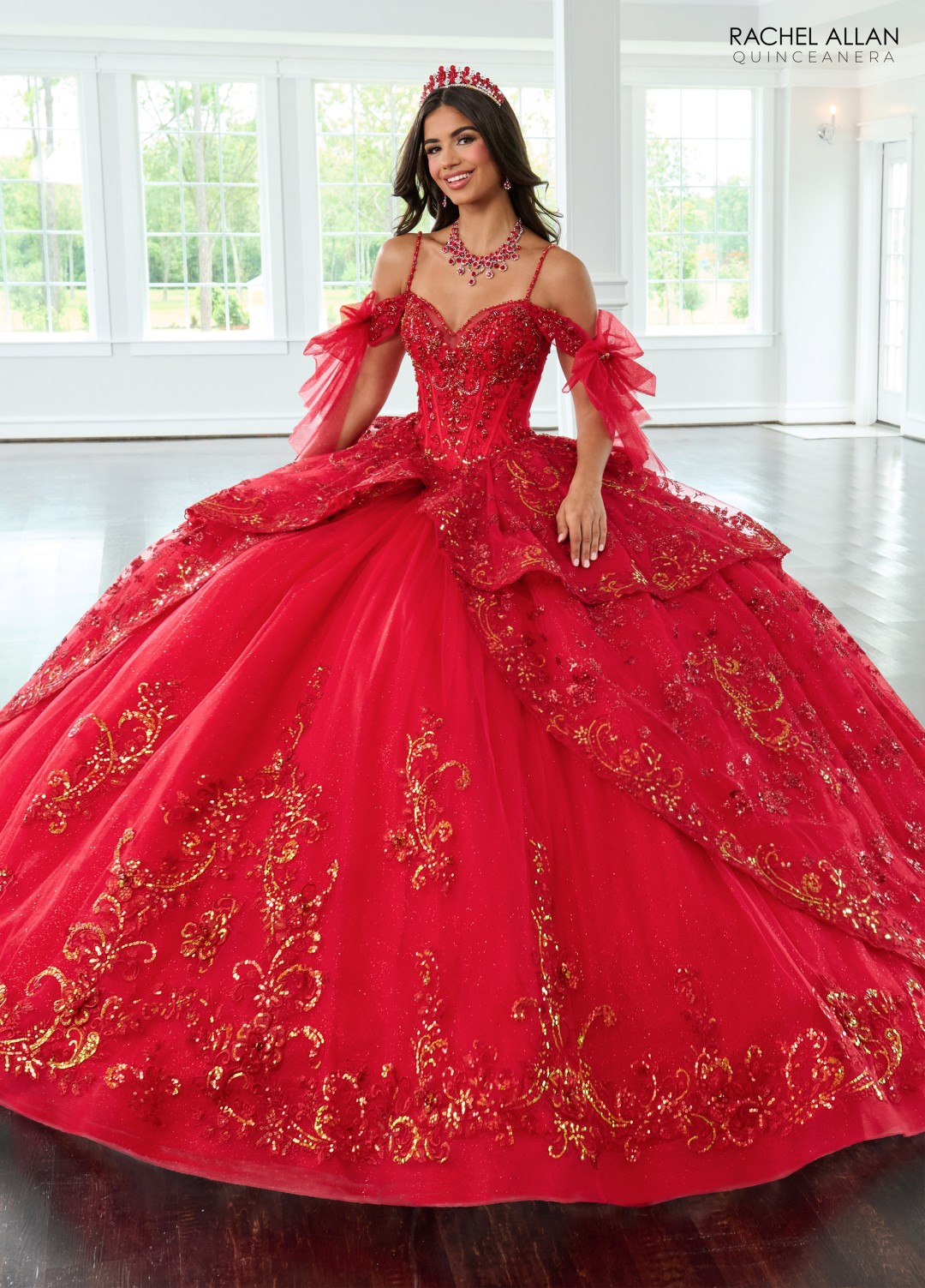 Red and gold sequin-embellished quinceañera ballgown with corset bodice