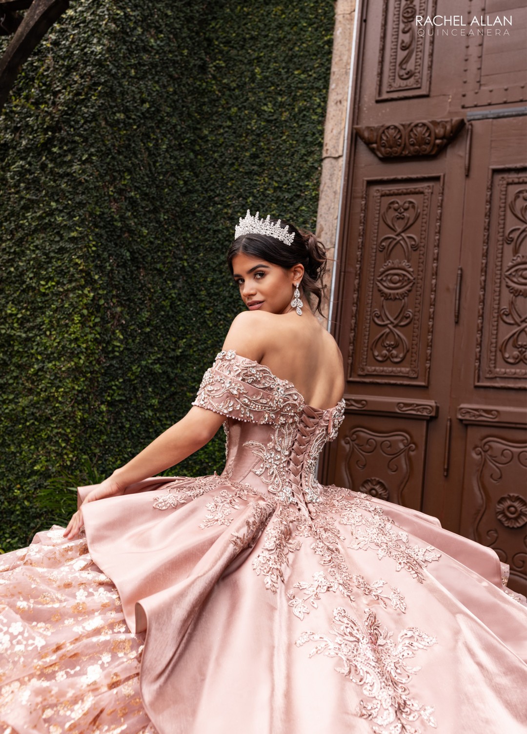 3.	Rachel Allan Style RQ6001 sweetheart ball gown with tiered glitter tulle, crystal satin panels, and off-shoulder neckline