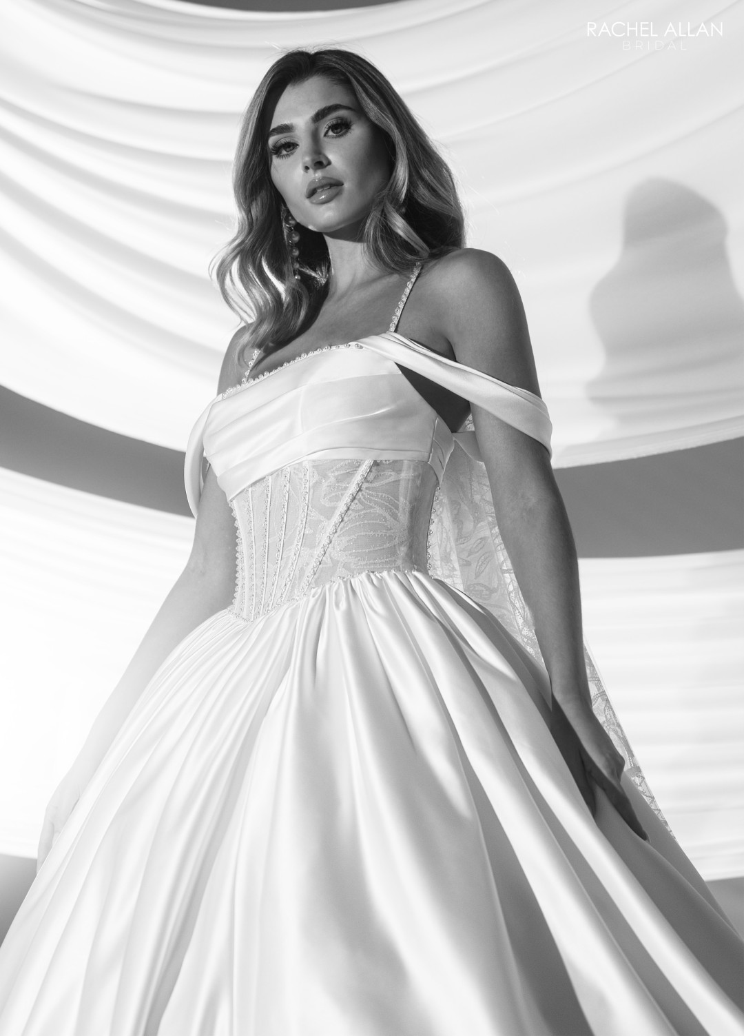 2.	Rachel Allan Style RB6179 ball gown bridal dress in satin with beaded corset bodice, cathedral train, and detachable off-shoulder straps