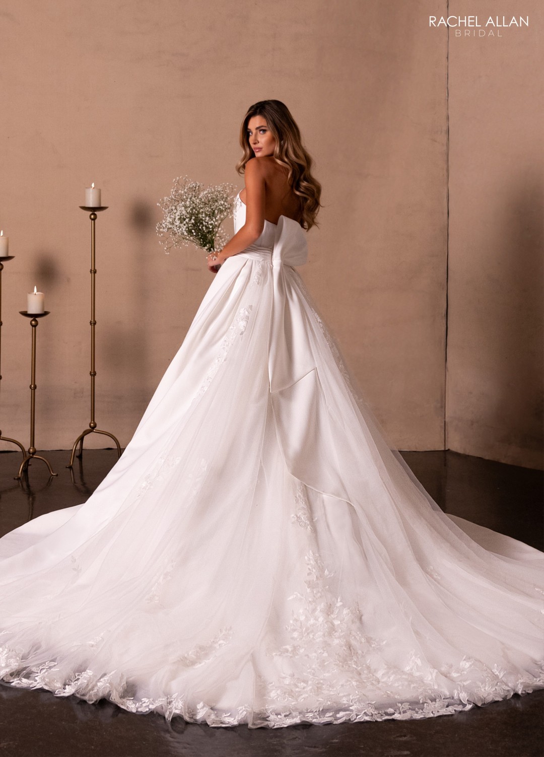 •	RB4221: "Rachel Allan ivory off-shoulder ball gown wedding dress with lace sleeves from Couture D'Amour Collection"
